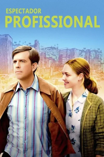 Homem sério e mulher sorrindo em primeiro plano, contra uma cidade ensolarada e estilizada. Clima leve e otimista.
