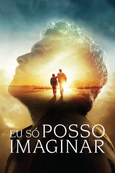 Rosto de homem em perfil transparente. Dentro, adulto e criança caminham em estrada ensolarada no pôr do sol. Atmosfera cálida e esperançosa.