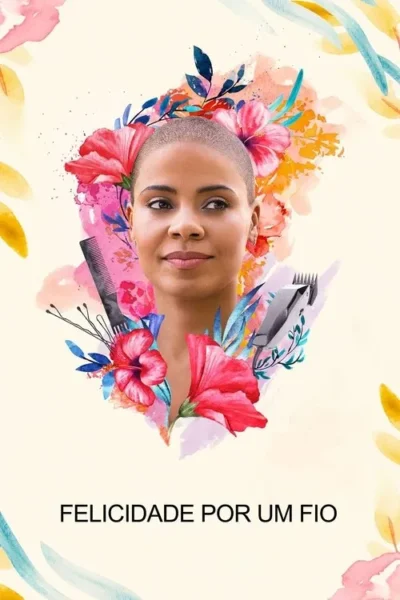 Pôster. Mulher negra com cabeça raspada sorri, cercada por flores vibrantes, pente e máquina de cortar cabelo. Estilo aquarela, clima otimista.
