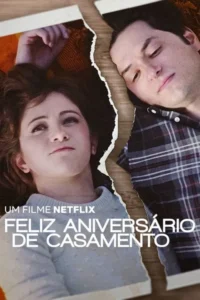 Pôster com uma foto rasgada ao meio,mostrando uma mulher pensativa à esquerda e um homem sério à direita,ambos deitados.