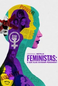 Silhueta de perfil de mulher colorida com fotos de mulheres, símbolos feministas e palavras POWER, EQUALITY.