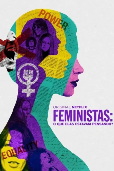 Silhueta de perfil de mulher colorida com fotos de mulheres, símbolos feministas e palavras POWER, EQUALITY.