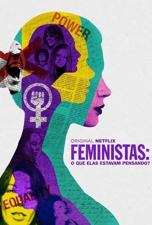 Silhueta de perfil de mulher colorida com fotos de mulheres, símbolos feministas e palavras POWER, EQUALITY.