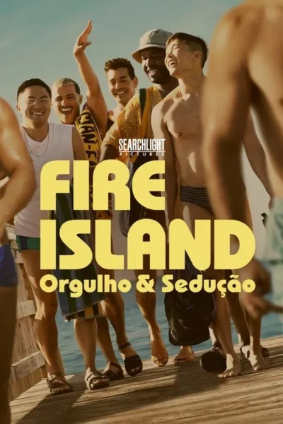 Grupo de seis homens diversos e sorridentes, em trajes de verão, num píer ensolarado com o mar. Clima alegre e festivo.