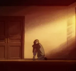 Um adulto ajoelhado abraça uma criança num quarto escuro. Raios de luz dourada da janela criam um clima melancólico para [Nome da Série].