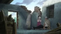 Fullmetal Alchemist:Brotherhood – T01E15:Enviados do Oriente 9 Pôster de Nausicaä do Vale do Vento:Yupa,Nausicaä com Teto e um homem em ruínas. Um clima desolador de anime pós-apocalíptico.