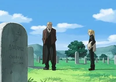 Em Fullmetal Alchemist, Edward Elric e Van Hohenheim observam lápides em um cemitério gramado. Céu azul e colinas no fundo.