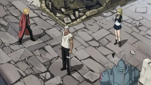 Fullmetal Alchemist:Brotherhood – T01E22:Costas Distantes 1 Fullmetal Alchemist:Edward e Scar se encaram em ruas danificadas,com Winry e Alphonse por perto. Clima tenso.