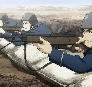 Quatro soldados de anime em uniformes azuis e capacetes miram rifles de uma trincheira de sacos de areia. Deserto árido. Tensão de combate em [Nome da Série/Filme].
