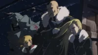 Fullmetal Alchemist:Brotherhood – T01E35:A Forma Deste País 8 Fullmetal Alchemist:Edward,Alphonse (armadura),e militares de Briggs em cena tensa e nevada. Noite fria e escura.