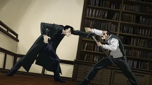 Fullmetal Alchemist:Brotherhood – T01E45:O Dia Prometido 1 Fullmetal Alchemist:Um homem de sobretudo desvia do ataque de espada-bengala de outro,de bigode,numa biblioteca. Cena de ação intensa.