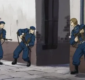 Fullmetal Alchemist: Três soldados Amestrinos, em uniformes azuis e armados, avançam cautelosamente por uma rua estreita. Clima tenso.