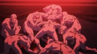 Pôster de Devilman Crybaby:Vários seres humanoides pálidos e distorcidos em poses agoniadas num cenário vermelho escuro. Tenebroso.