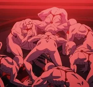Pôster de Devilman Crybaby: Vários seres humanoides pálidos e distorcidos em poses agoniadas num cenário vermelho escuro. Tenebroso.