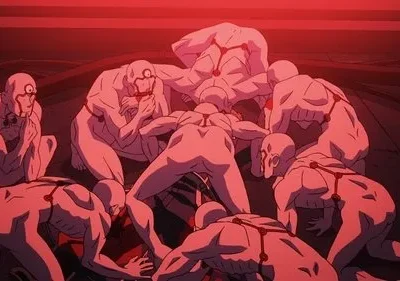 Pôster de Devilman Crybaby: Vários seres humanoides pálidos e distorcidos em poses agoniadas num cenário vermelho escuro. Tenebroso.