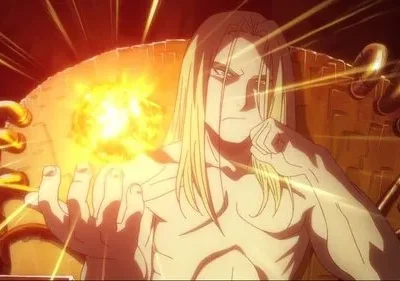 Fullmetal Alchemist Brotherhood: Pai, com longos cabelos loiros e torso nu, cria uma bola de energia flamejante, sentado em trono mecânico dourado.