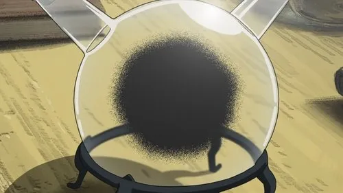 Fullmetal Alchemist:Brotherhood – T01E63:Do Outro Lado da Porta 1 Em Fullmetal Alchemist,um frasco de vidro redondo exibe uma densa massa preta e difusa sobre um suporte escuro. Clima misterioso.