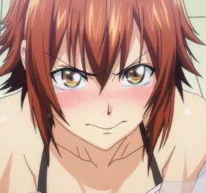 Pôster de Grand Blue Dreaming: Chisa Kotegawa, cabelo castanho e ombros nus, com bochechas coradas, olhos marejados e expressão furiosa/constrangida.