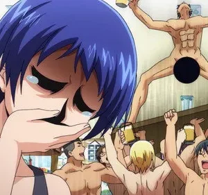 Jovem de Grand Blue chora, olhos escuros e marejados, enquanto homens nus festejam euforicamente com canecas de cerveja em uma cena caótica.