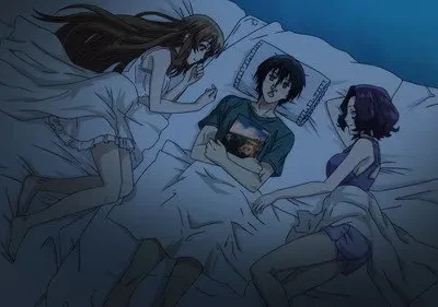 Em Grand Blue, um homem de cabelo escuro está deitado entre duas mulheres na cama, em uma cena noturna de anime. Ele parece surpreso.