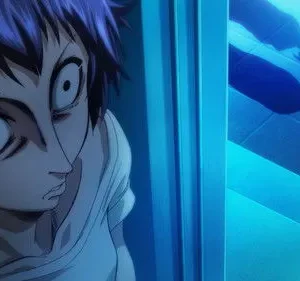 Perfect Blue: Jovem anime de olhos arregalados, com expressão de medo, olha para cima enquanto uma sombra azul se projeta no chão. Clima tenso.