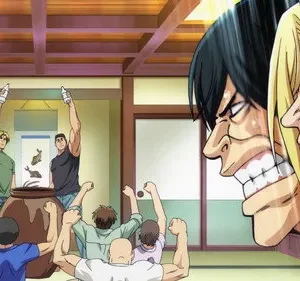 Grand Blue Dreaming: Personagens gritam com rostos exagerados. Dois homens derramam líquidos num pote, e a multidão celebra uma festa caótica.