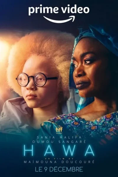 Pôster: Menina de óculos e afro loiro olha para esquerda, ao lado de mulher de turbante azul com olhar determinado. Luz quente.
