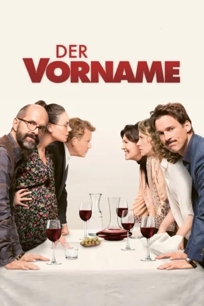 Seis adultos, uma mulher grávida entre eles, encaram-se de lados opostos de uma mesa de jantar com vinho. Debate e humor.