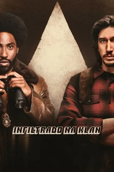Pôster vintage. Um homem negro de afro e casaco de couro com binóculos, um branco de camisa xadrez. Um triângulo branco os divide.