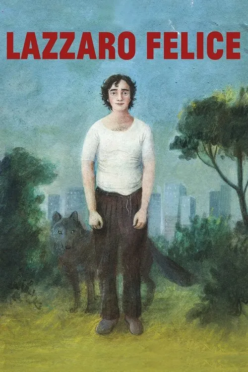 Pintura de um jovem de camiseta branca com um lobo ao lado. Fundo com árvores e arranha-céus distantes. Tom enigmático.