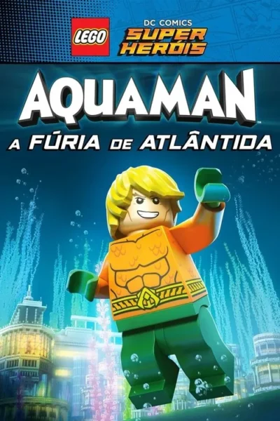 Pôster animado LEGO. Um boneco sorridente de cabelo loiro e traje laranja e verde flutua numa cidade subaquática vibrante.