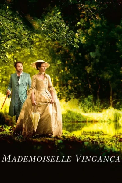 Mulher de vestido dourado e chapéu com sombrinha, com homem de casaco azul, em floresta e lago. Elegância histórica.