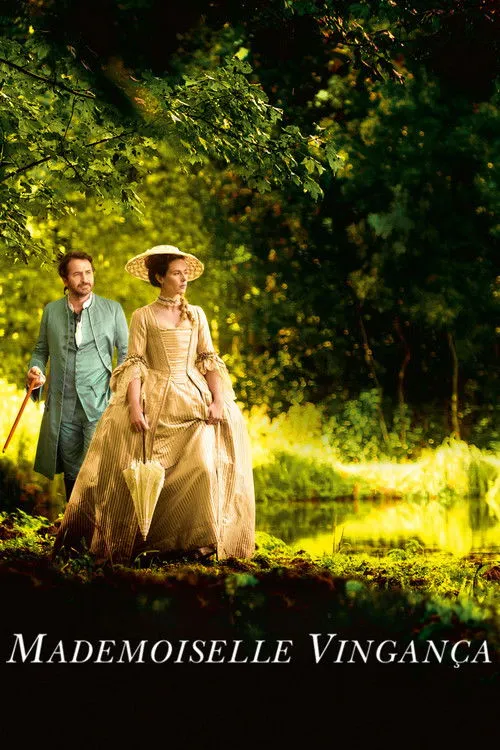 Mulher de vestido dourado e chapéu com sombrinha,com homem de casaco azul,em floresta e lago. Elegância histórica.