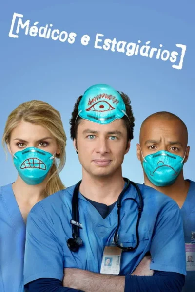 Três profissionais de saúde em uniformes azuis, dois com máscaras de expressões e um com máscara na testa. Fundo azul e clima cômico.