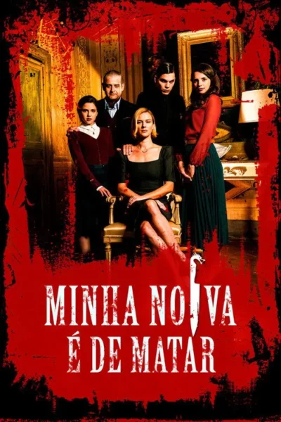 Pôster sinistro: 5 pessoas em uma sala antiga, com a mulher sentada e a outra à direita com respingos de sangue. Borda vermelha manchada.
