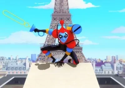 Personagem vermelho e azul, estilo robô, agachado em telhado de Paris. Segura uma espada de bolhas, com Torre Eiffel ao fundo.