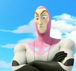 Personagem animado com roupa rosa, branca e preta, braços cruzados e expressão preocupada contra céu azul.