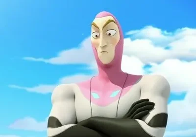 Personagem animado com roupa rosa, branca e preta, braços cruzados e expressão preocupada contra céu azul.