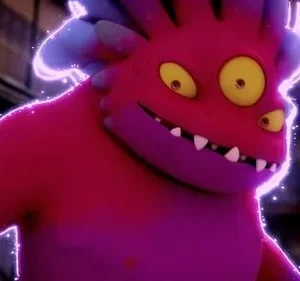 Criatura magenta cartoon gigante, com três olhos amarelos e dentes pontudos, brilhando em roxo num fundo escuro e urbano.