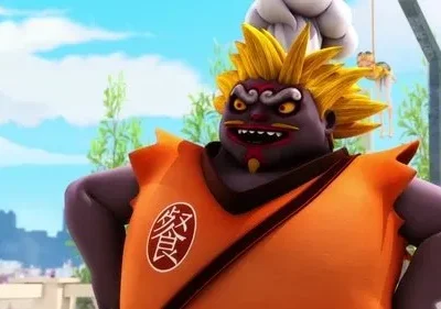 Monstro chef roxo com cabelo espetado amarelo e rosto furioso, sorrindo maldosamente. Visto ao ar livre com céu azul.