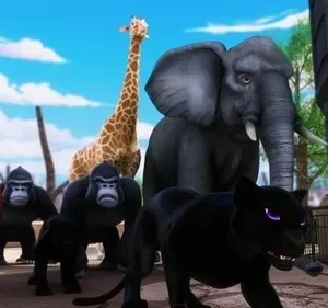Pôster animado. Pantera preta de olhos roxos, urso, águia, gorilas, girafa e elefante avançam. Clima de fuga de zoológico.