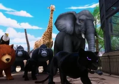 Pôster animado. Pantera preta de olhos roxos, urso, águia, gorilas, girafa e elefante avançam. Clima de fuga de zoológico.