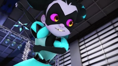 Personagem animada de pele roxa,máscara preta,olhos brilhantes e dentes pontudos. Veste roupa azul e preta,segurando uma varinha estrela,em palco escuro.