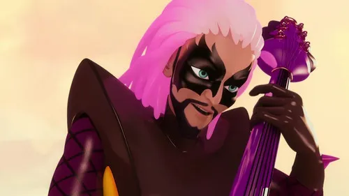 Miraculous:As Aventuras de Ladybug – T01E20:Guitarrista Malvado 1 Homem animado com cabelo rosa e branco,maquiagem preta e olhos azuis. Ele sorri,segurando uma guitarra roxa com espinhos contra um céu dourado.