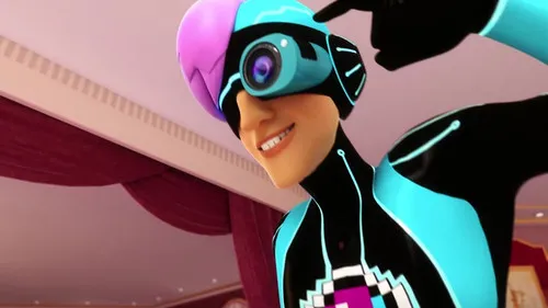 Personagem animado em traje cibernético preto e azul,capacete com câmera no olho,apontando para a cabeça. Fundo luxuoso.