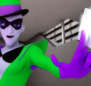 Personagem animado de pele pálida, com chapéu e traje divididos em verde e roxo, máscara preta, sorri. Segura carta branca brilhante.