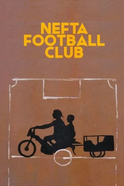 Pôster marrom com silhuetas de adulto e criança em bicicleta com carroça. Acima, um gol de futebol esboçado em branco.