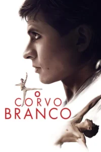 Rosto masculino em perfil sério. Dois bailarinos em poses elegantes e dramáticas,flutuando em fundo branco. Clima artístico.