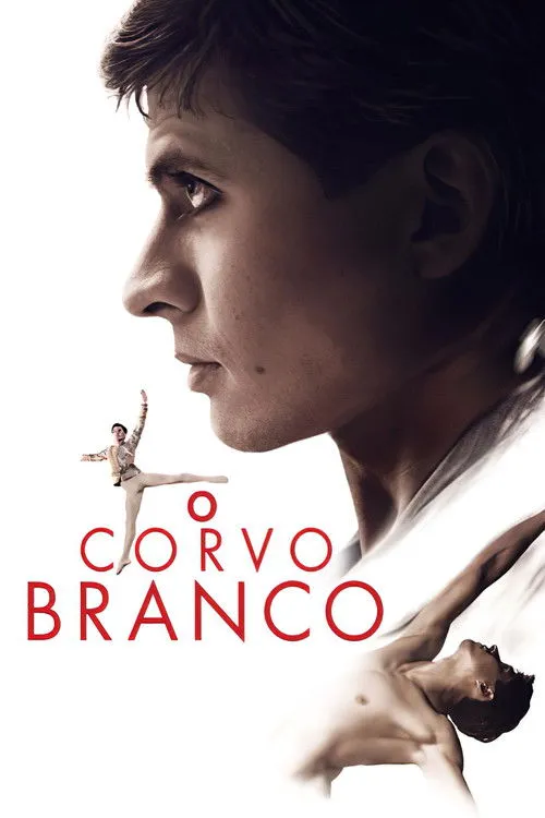O Corvo Branco 1 Rosto masculino em perfil sério. Dois bailarinos em poses elegantes e dramáticas,flutuando em fundo branco. Clima artístico.