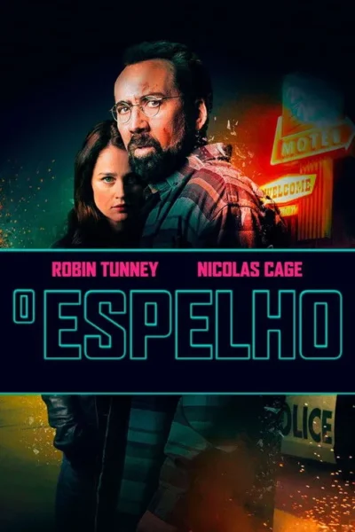Um homem barbudo de óculos e uma mulher séria em fundo escuro com motel neon. Estilhaços e um colete policial sugerem drama tenso.